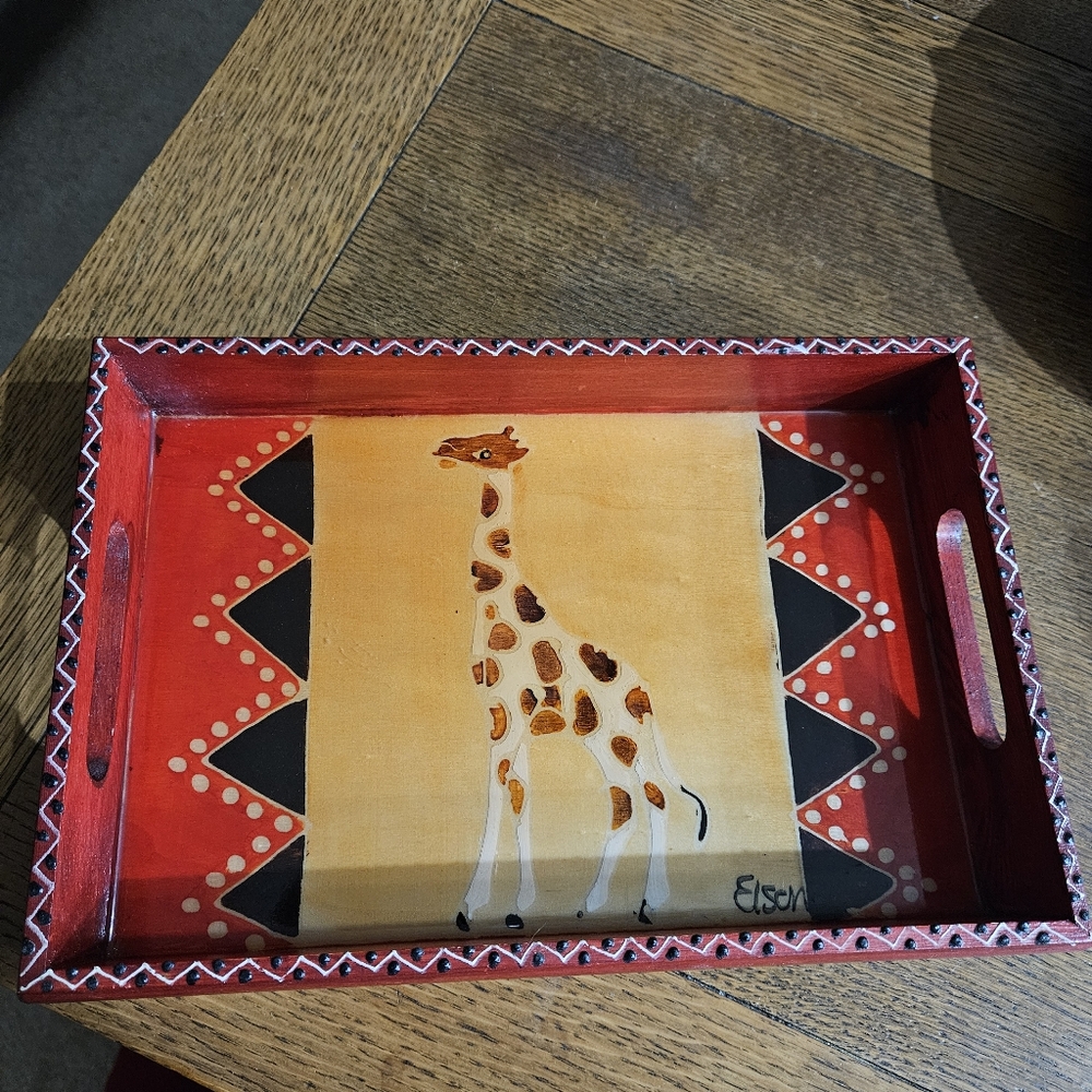 Giraffe Shellac Tray Signed Elsona - Picture 3 of 9